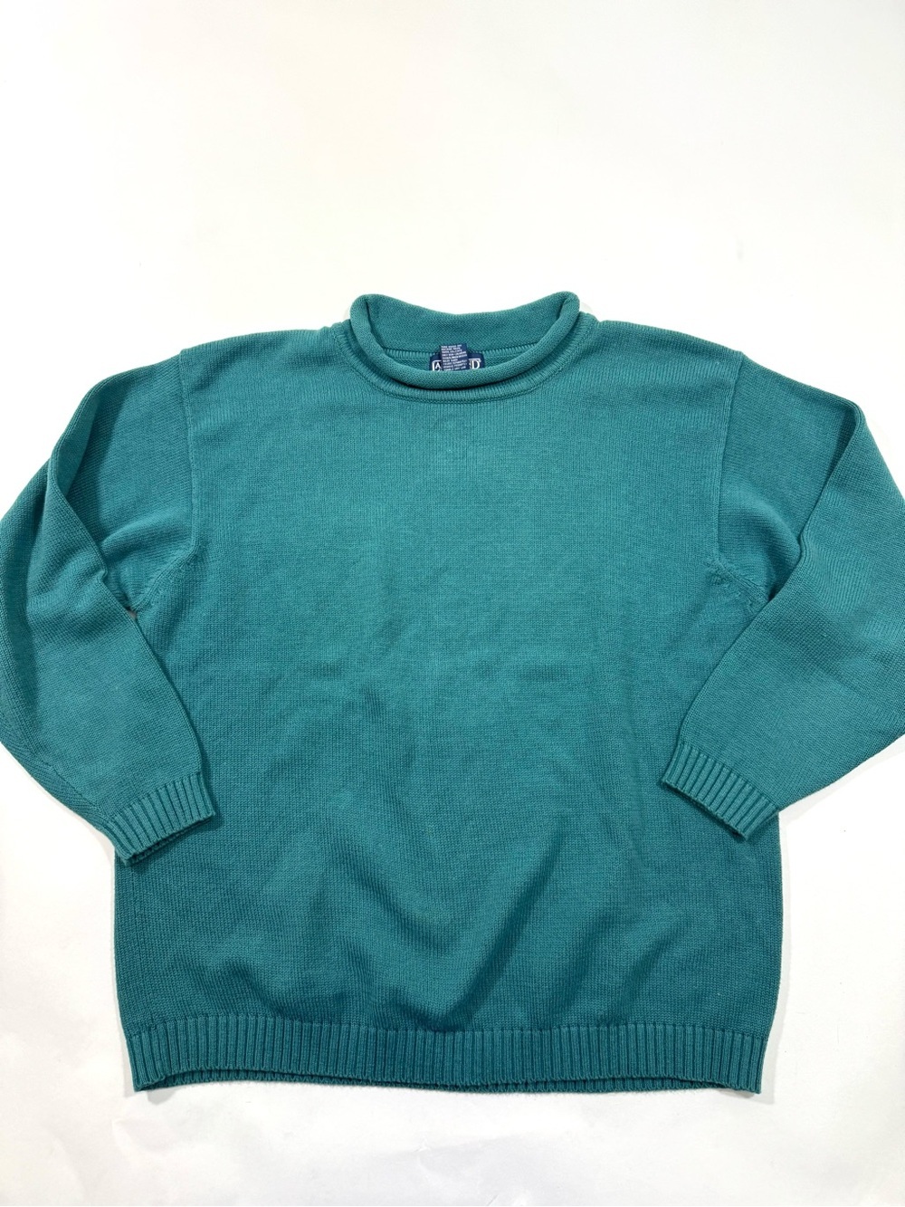 Lands End Roll Neck Sweater Cotton Green Fisherman
